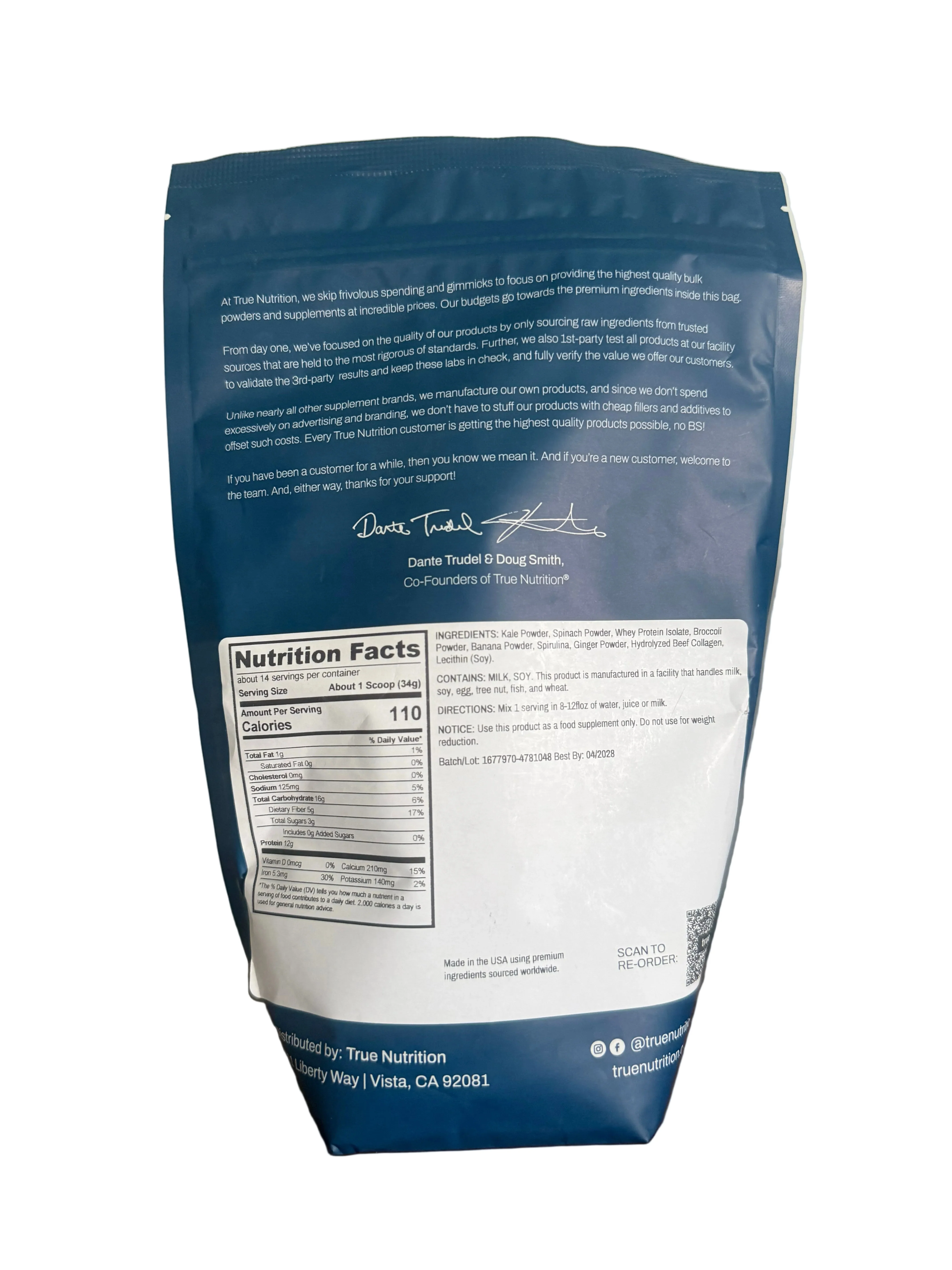 Unflavored Unsweetened BASE MIX: 30% Kale Powder, 30% Spinach Powder, 15% Whey Protein Isolate Cold-Filtration, 10% Broccoli Powder, 10% Banana Powder, 5% Spirulina BOOSTS: Ginger Powder, Beef Collagen Boost - Image 2